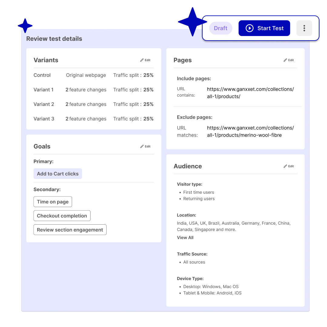 One click test launch UI snippet